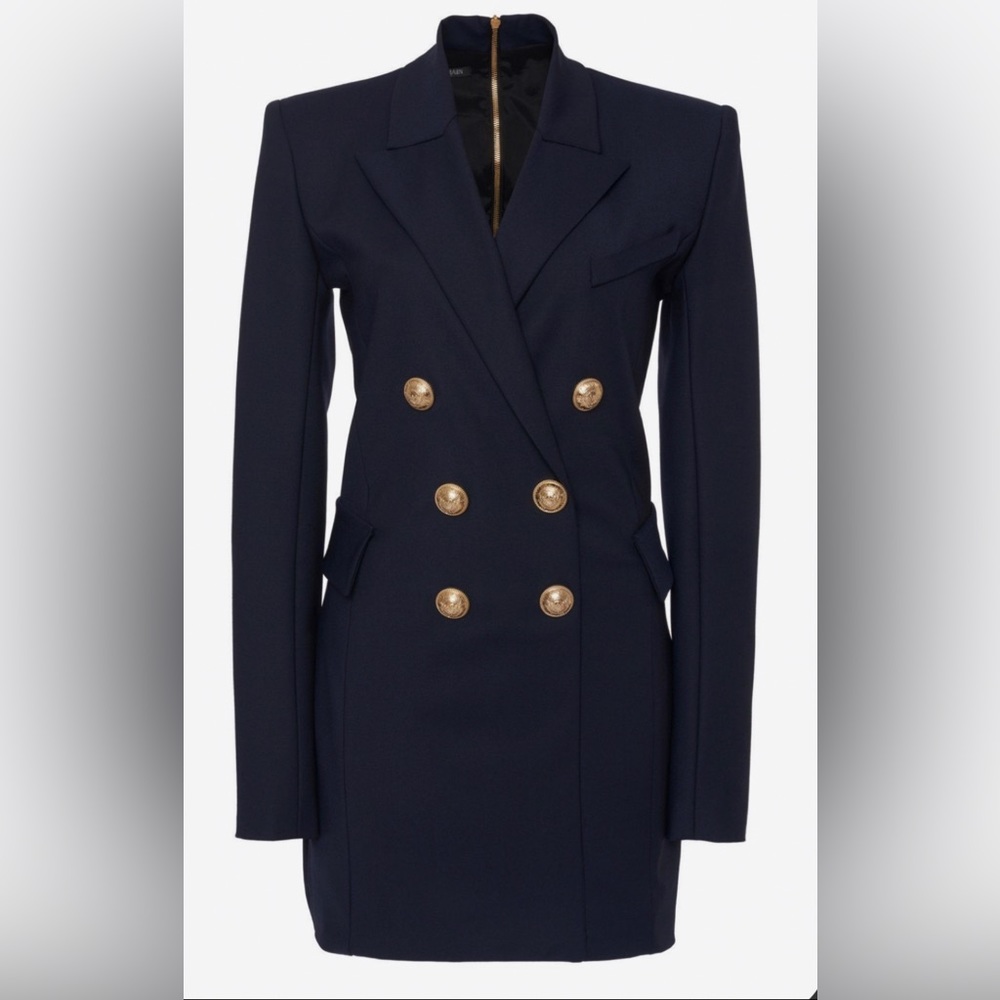 Balmain Navy Blue Double Breasted Blazer Dress Gold Button EU 34
